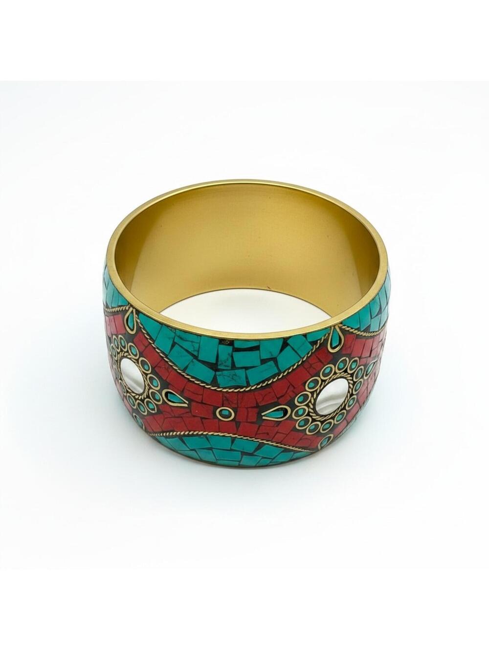Vintage Tibetan Mosaic Cuff Bracelet - Turquoise, Coral & MOP Inlay - 143g